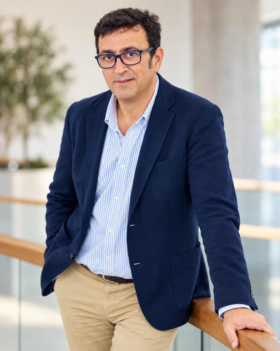 Leonardo Sandoval apoyado en una barandilla, con americana azul y camisa de rayas.
